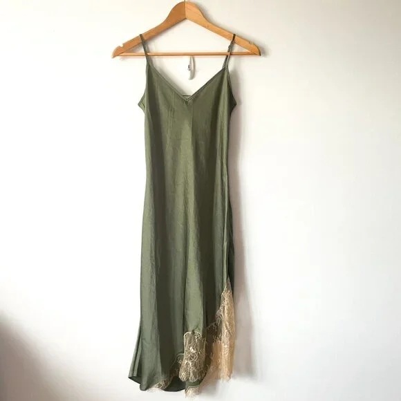 Aritzia Wilfred Sonnet Satin Slip Lace Dress Sage Green Size XS - Picture 4 of 8